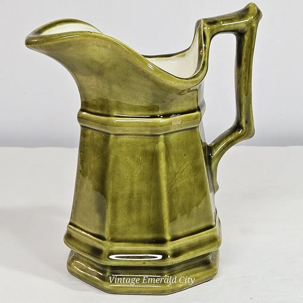 Vtg Studio Pottery Creamer Olive Green Paneled Octagon Mini Stone Pitcher Signed